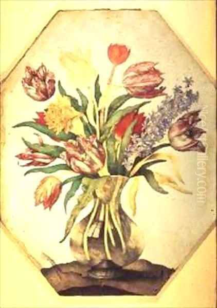 Glass Vase of Tulips with a Hyacinth Oil Painting by Giovanna Garzoni