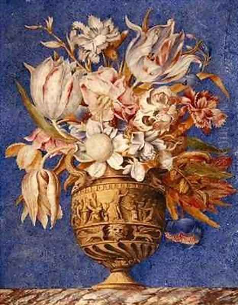 Flowers in a vase which stands on a marble ledge Oil Painting by Giovanna Garzoni