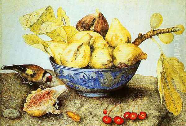 Chinese Cup with Figs Cherries and Goldfinch Oil Painting by Giovanna Garzoni