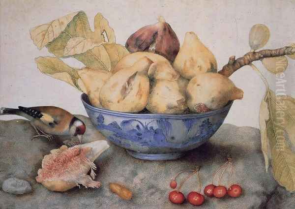 China Bowl with Figs, a Bird, and Cherries Oil Painting by Giovanna Garzoni