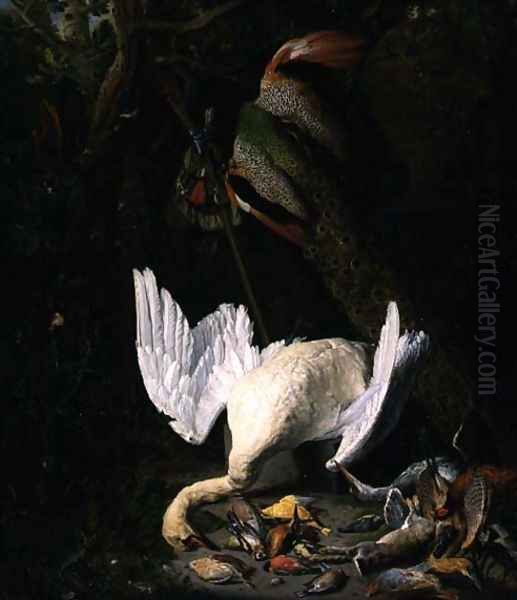 A Hung White Swan Peacock and Other Dead Game in a Landscape Oil Painting by Pieter Gysels