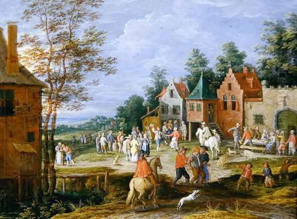 A village scene with figures dancing and merrymaking Oil Painting by Pieter Gysels