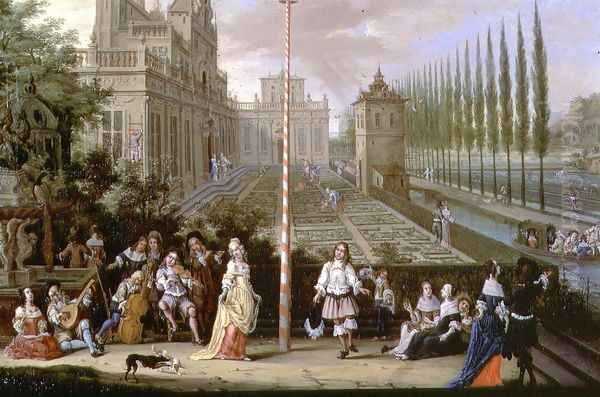 Detail of elegant figures playing musical instruments around a maypole Oil Painting by Pieter Gysels