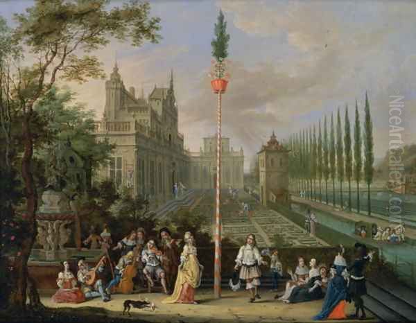 Elegant figures playing musical instruments around a maypole Oil Painting by Pieter Gysels