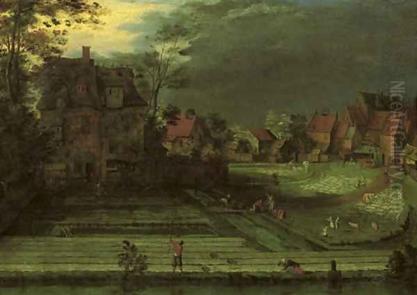 A town with figures working in bleaching fields in the foreground Oil Painting by Pieter Gysels