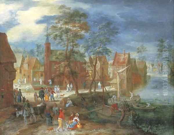 A village scene with peasants strolling by a river bank Oil Painting by Pieter Gysels