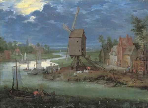 A river landscape with peasants by a landing-stage and a windmill Oil Painting by Pieter Gysels