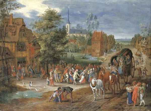 A village kermesse with a horse-drawn cart in the foreground Oil Painting by Pieter Gysels