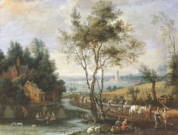 Summer a pastoral landscape with peasants at harvest and returning from market, a city in the distance Oil Painting by Pieter Gysels