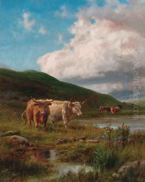 Cattle watering in a highland landscape Oil Painting by Robert Gallon