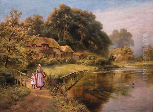 A woman and child crossing a bridge by a lake Oil Painting by Robert Gallon