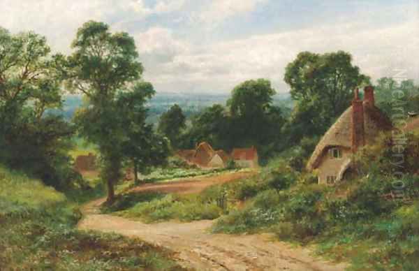 Cottages in an extensive landscape Oil Painting by Robert Gallon