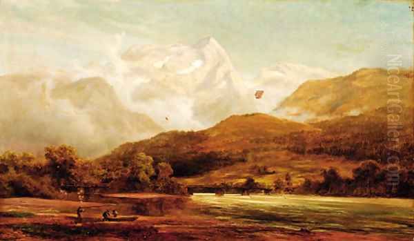 Figures loading a boat in a mountainous river landscape Oil Painting by Robert Gallon