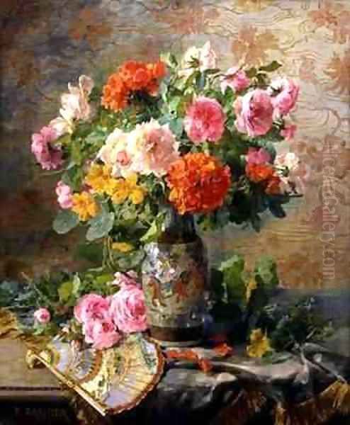 Vase of Flowers and a Fan Oil Painting by Pierre Garnier