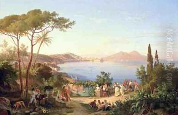 Bay of Naples with Dancing Italians Oil Painting by Carl Wilhelm Goetzloff