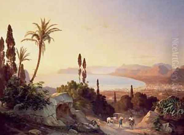 Gulf of Palermo looking towards Cape Zafferano Oil Painting by Carl Wilhelm Goetzloff