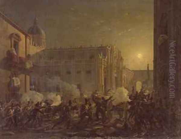 The Burning of Catania after the Towns Conquest by the Bern Regiment in 1849 Oil Painting by Carl Wilhelm Goetzloff