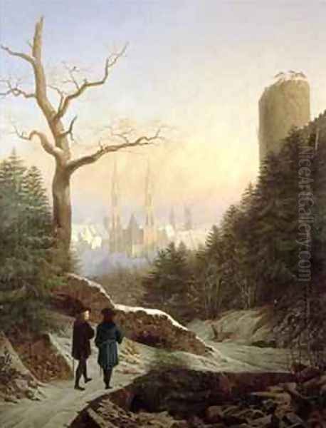 Winter Landscape with Gothic Church Oil Painting by Carl Wilhelm Goetzloff