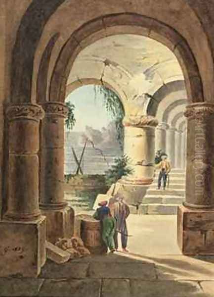 View of the Sea through a Cloister Oil Painting by Carl Wilhelm Goetzloff