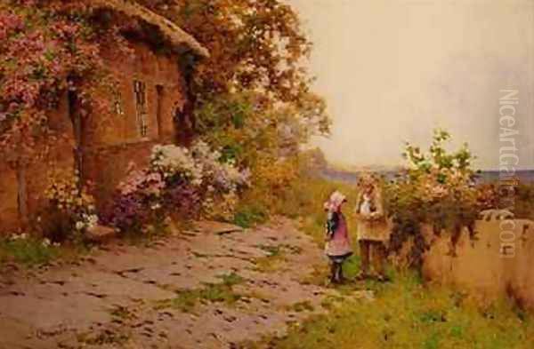 Two Children with a Rabbit Outside a Cottage by the Sea Oil Painting by J.A. Lynas Gray