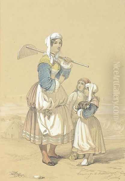 A peasant girl carrying a hoe accompanied by two children, the sea beyond Oil Painting by Alfred Andre Geniole