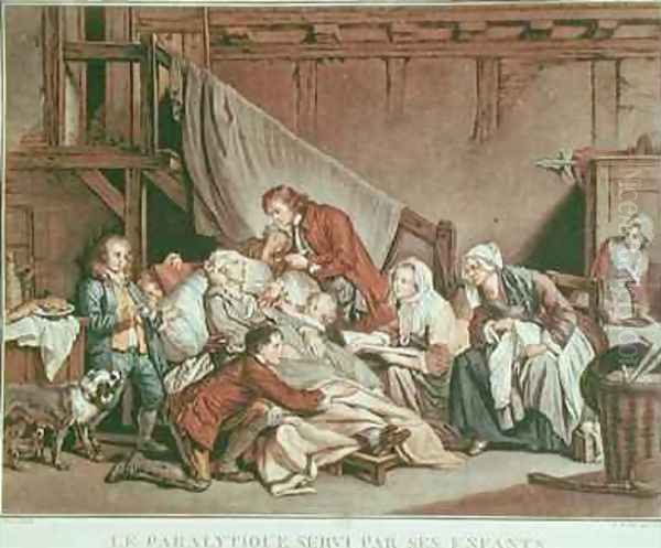 The Paralytic Man Helped by his Children Oil Painting by Jean Baptiste Greuze