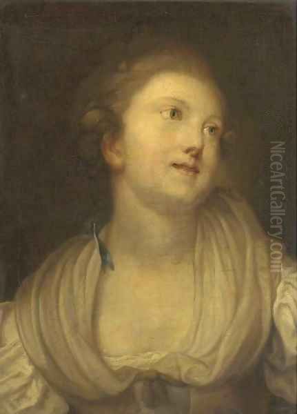 Portrait of a young lady, bust-length, in a beige decollete dress with a blue ribbon Oil Painting by Jean Baptiste Greuze