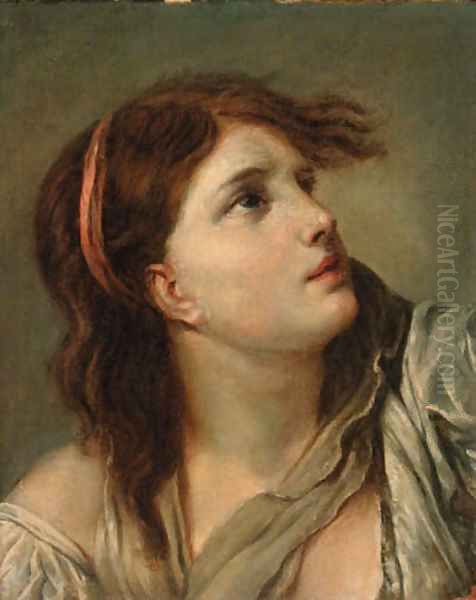 Portrait of a young lady - head and shoulders Oil Painting by Jean Baptiste Greuze