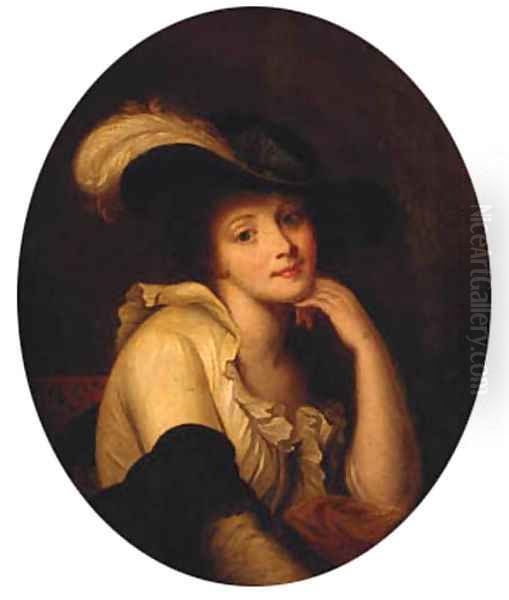 Portrait Of A Young Lady, Bust-Length, Wearing A Feathered Hat Oil Painting by Jean Baptiste Greuze