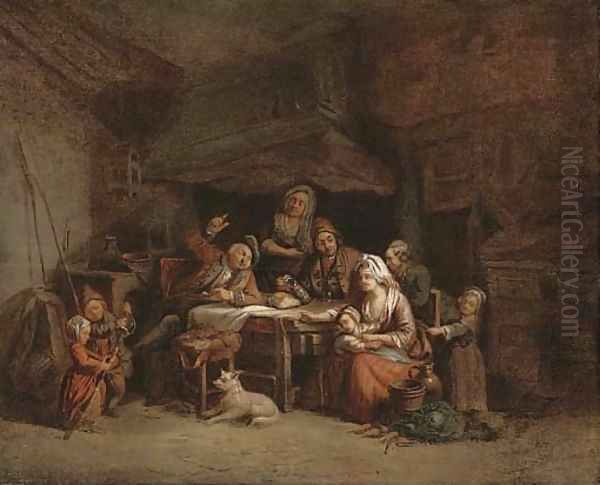 A family around a kitchen table Oil Painting by Jean Baptiste Greuze