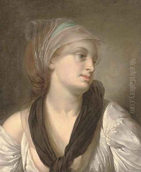 Portrait of a lady, bust-length, in a white dress and black shawl, a blue and white scarf in her hair Oil Painting by Jean Baptiste Greuze