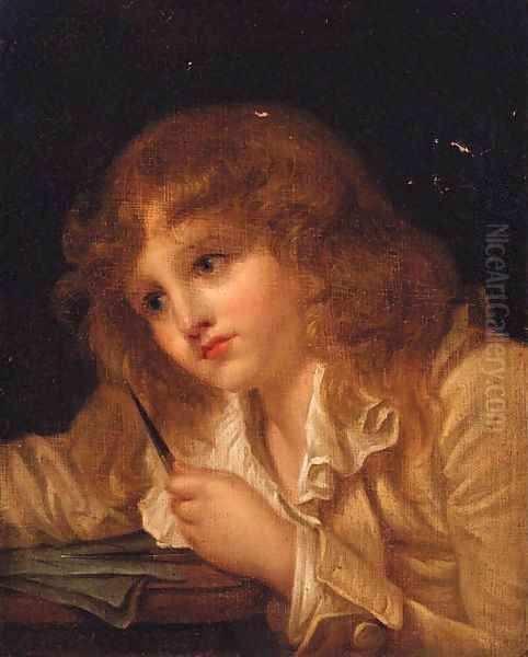 A boy seated at a desk Oil Painting by Jean Baptiste Greuze