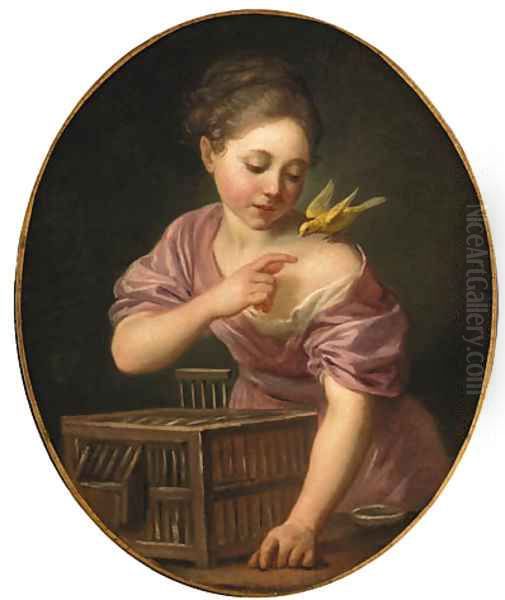 A girl with a canary and an open cage Oil Painting by Jean Baptiste Greuze