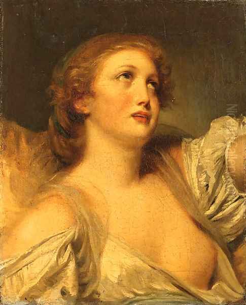 A Girl, bust length, en deshabill Oil Painting by Jean Baptiste Greuze