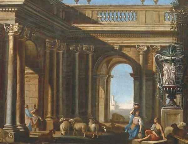 An architectural capriccio with figures conversing by a classical Roman vase Oil Painting by Domenico (Micco Spadaro) Gargiulo