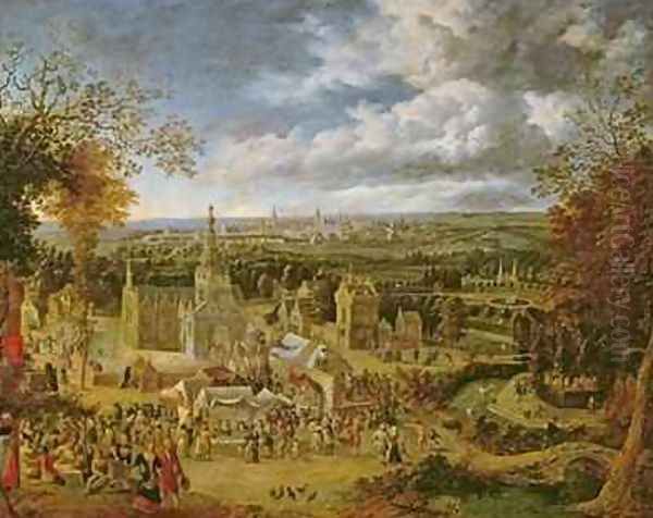 A Fete and View of a City Oil Painting by Jan Griffier