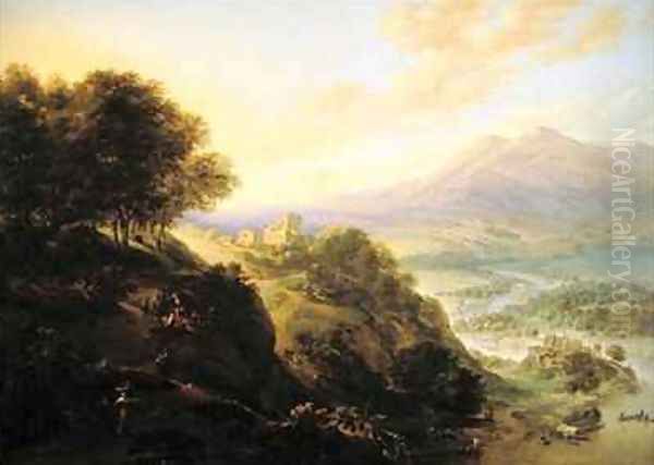 Mountainous river landscape with peasants resting by a path Oil Painting by Jan Griffier