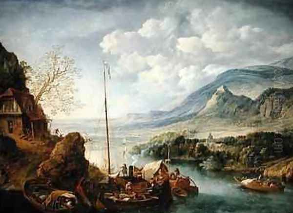 A Rhenish River Landscape with Boats in the Foreground Oil Painting by Jan Griffier