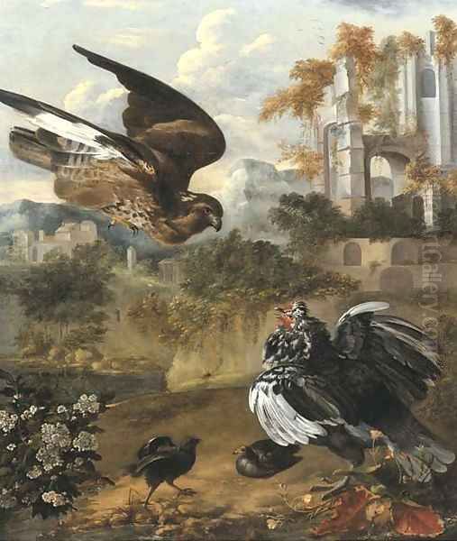 A hen protecting her chickens from a hawk, by a ruin Oil Painting by Jan Griffier