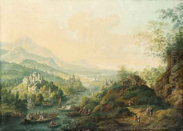 An extensive Rhenish landscape with castles along a river and peasants boating Oil Painting by Jan Griffier