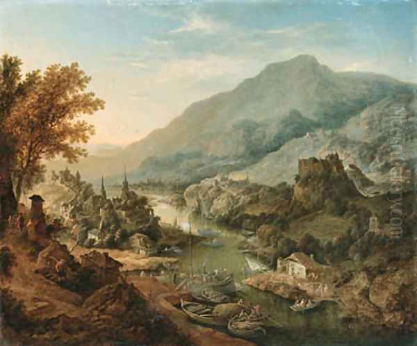 A Rhenish landscape with peasants and boats in the foreground, a town beyond Oil Painting by Jan Griffier