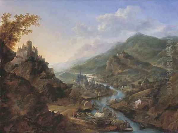 A Rhenish landscape with travellers and figures on moored boats near a castle on a hill, a town beyond Oil Painting by Jan Griffier