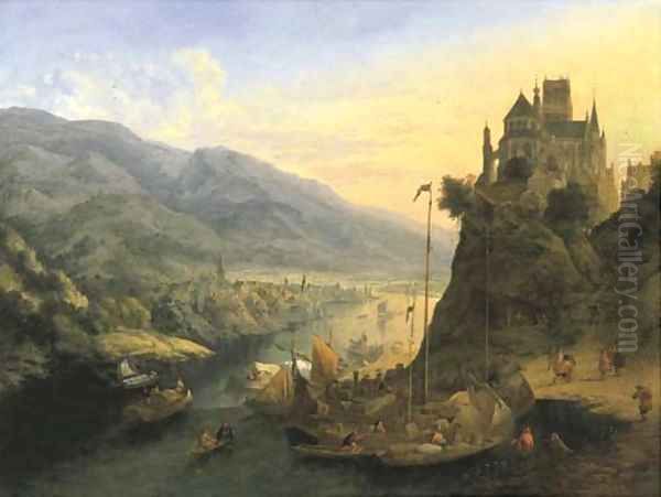 A Rhenish river landscape with a city below and a monastery on a hill Oil Painting by Jan Griffier