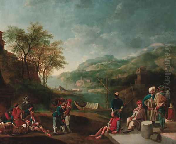 Oriental merchants and galley slaves in a river landscape Oil Painting by Jan Griffier