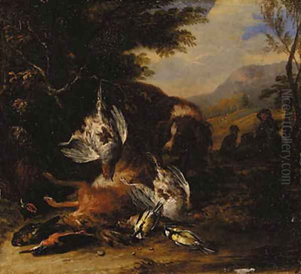 A dead hare, a brace of partridge, a kingfisher, a chaffinch, a thrush and a cock pheasant with a spaniel, a hunter with another dog beyond, in a wood Oil Painting by Adriaen de Gryef