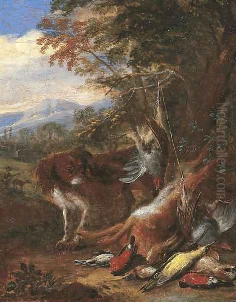 A hunting still life with a spaniel watching a bag of hare and songbirds, a landscape with a hunter and his dog beyond Oil Painting by Adriaen de Gryef