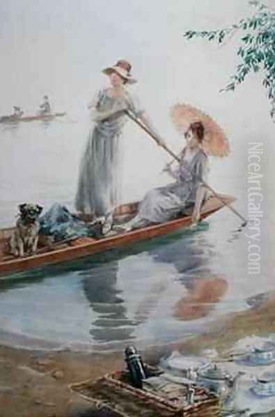 Two girls with their pet pug paddling back to their picnic Oil Painting by Charles MacIvor or MacIver Grierson