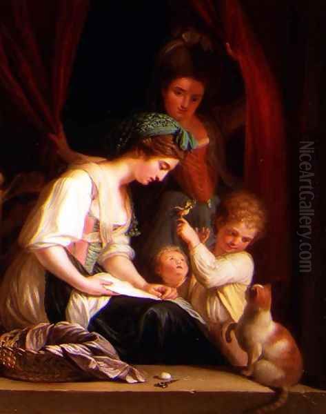 A Mother and her Children with a Nurse Behind Oil Painting by Ludwig Guttenbrunn