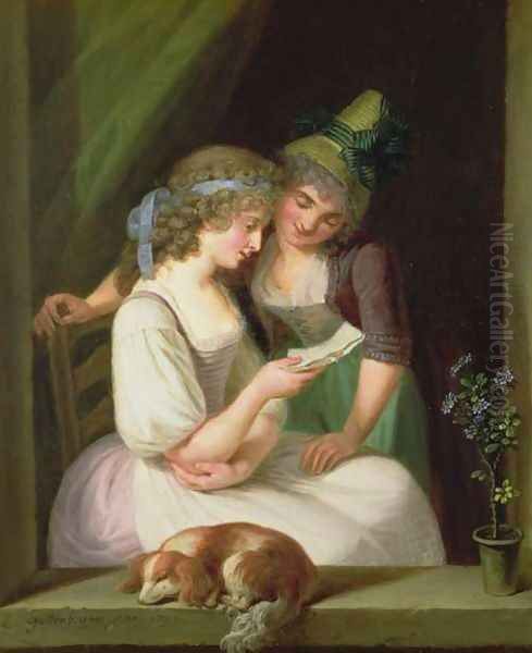 Two Women Reading a Letter Oil Painting by Ludwig Guttenbrunn