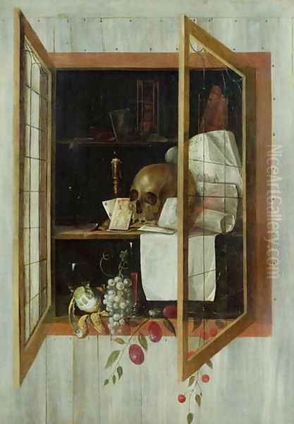 Vanitas still life seen through a trompe loeil window Oil Painting by Cornelis Norbertus Gysbrechts